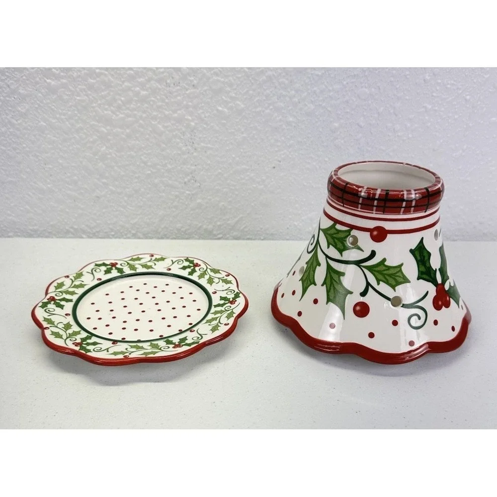 Yankee Candle Topper Shade And Matching Plate Set Holly & Dots Pattern - Retired